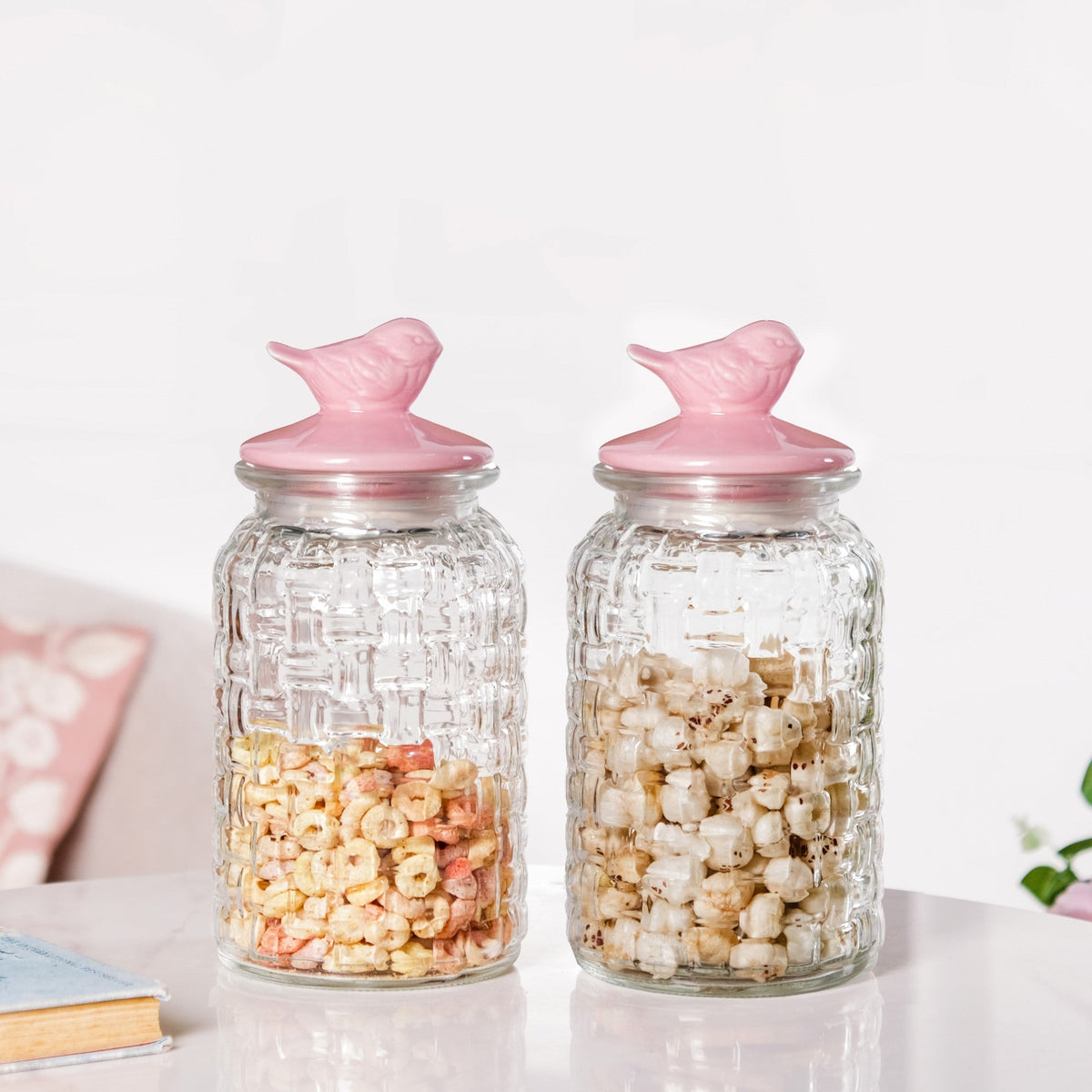 Airtight Glass Jar With Pink Bird Ceramic Lid Set Of 2 1300ml