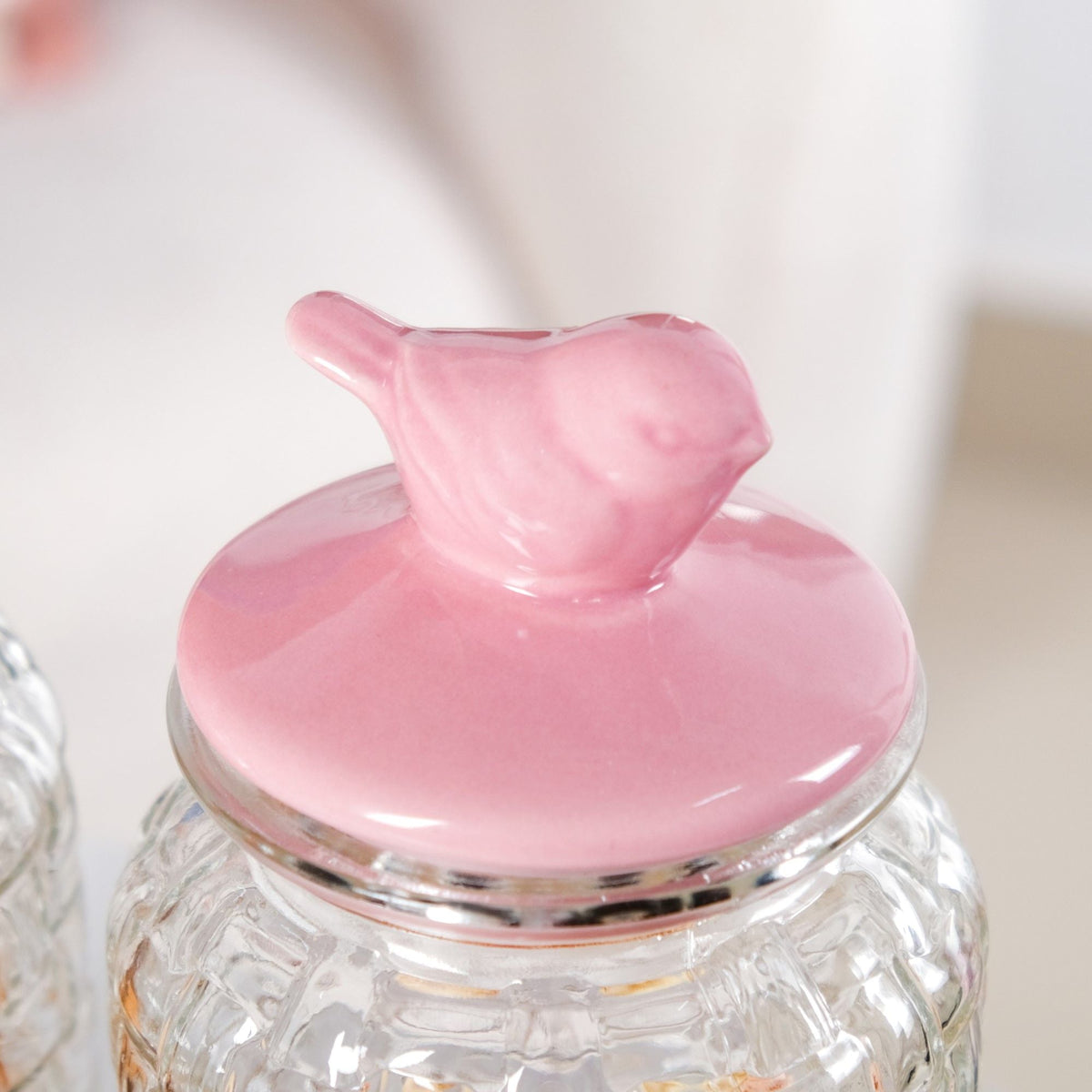 Airtight Glass Jar With Pink Bird Ceramic Lid Set Of 2 1300ml