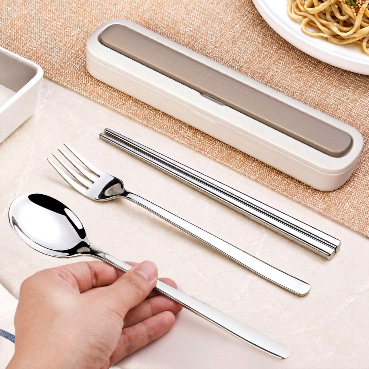 Portable Stainless Steel Picnic Cutlery Set With Box Grey