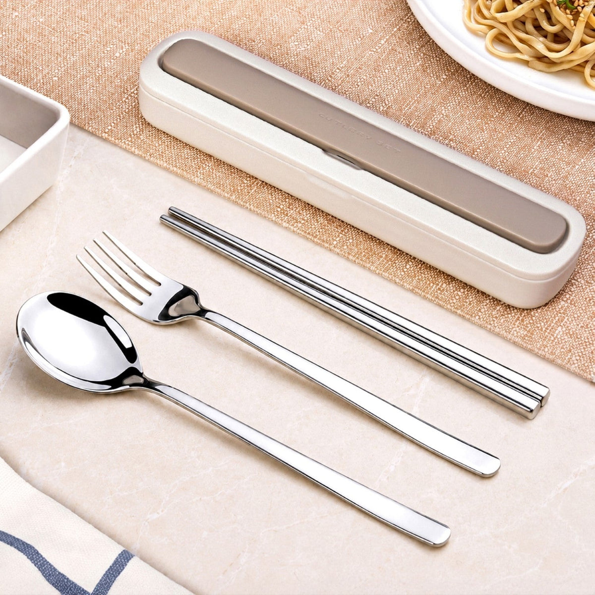 Portable Stainless Steel Picnic Cutlery Set With Box Grey