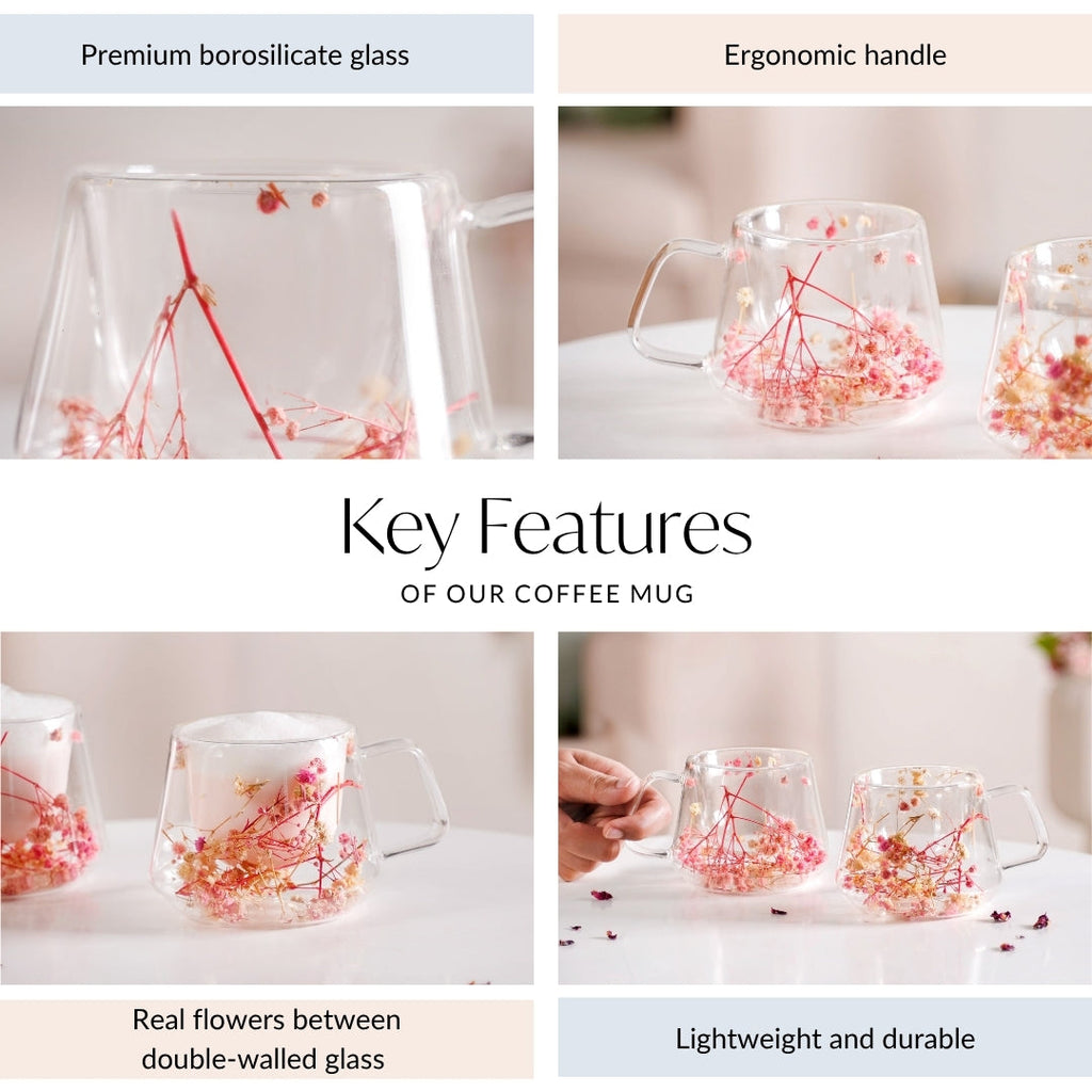Real Flower Inside Double Wall Glass Cup Set Of 2 180ml
