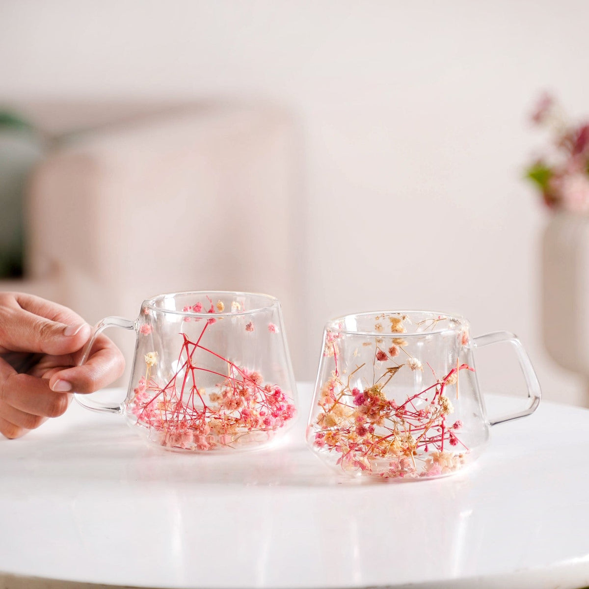 Real Flower Inside Double Wall Glass Cup Set Of 2 180ml