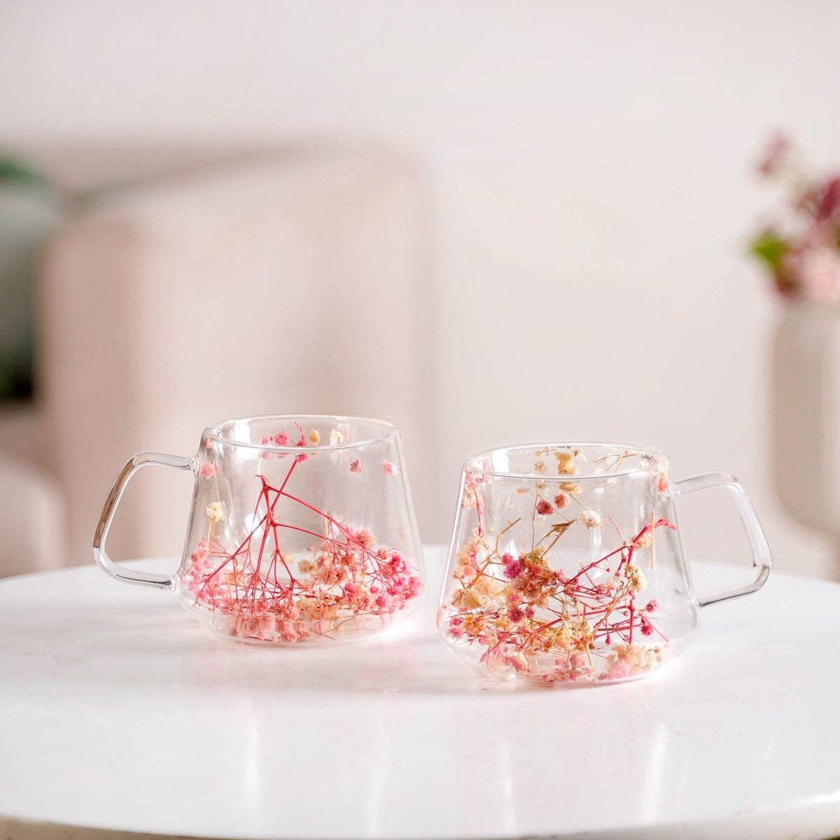 Real Flower Inside Double Wall Glass Cup Set Of 2 180ml