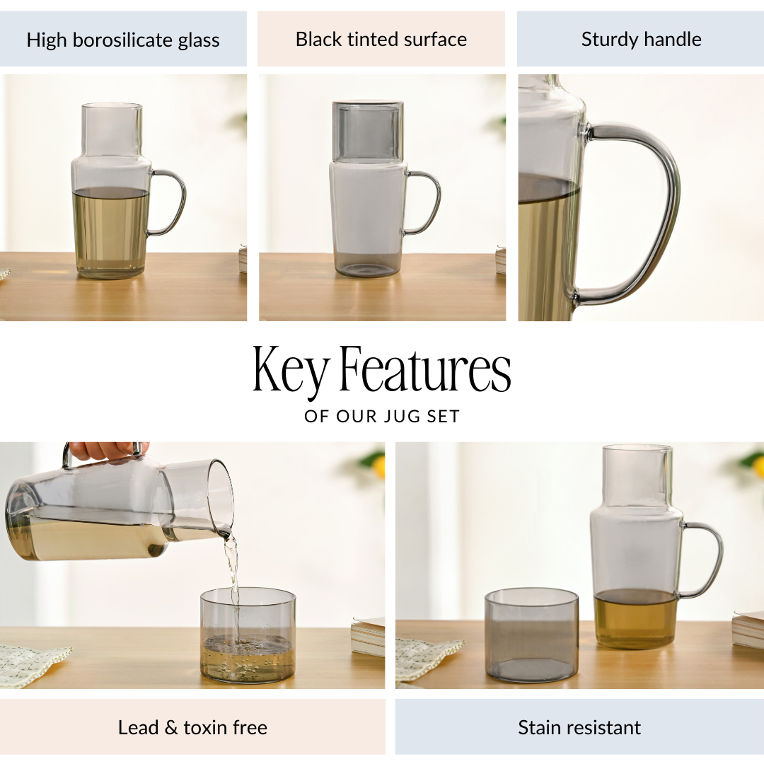 Sleek Black Tinted Bedside Carafe Set With Tumbler And Jug