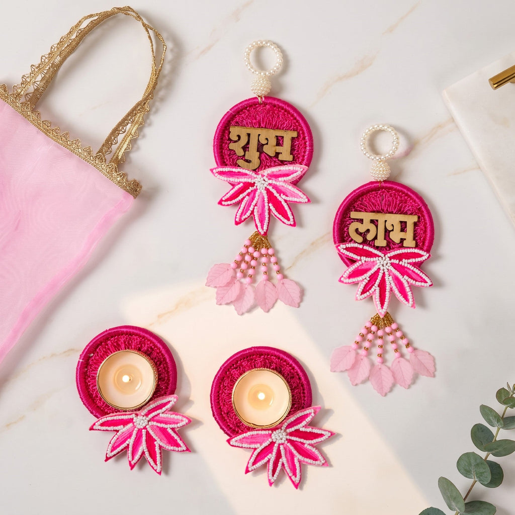 Gift Set Of 4 Shubh Labh Diwali Wall Hanging And Tealight In Bag Magenta