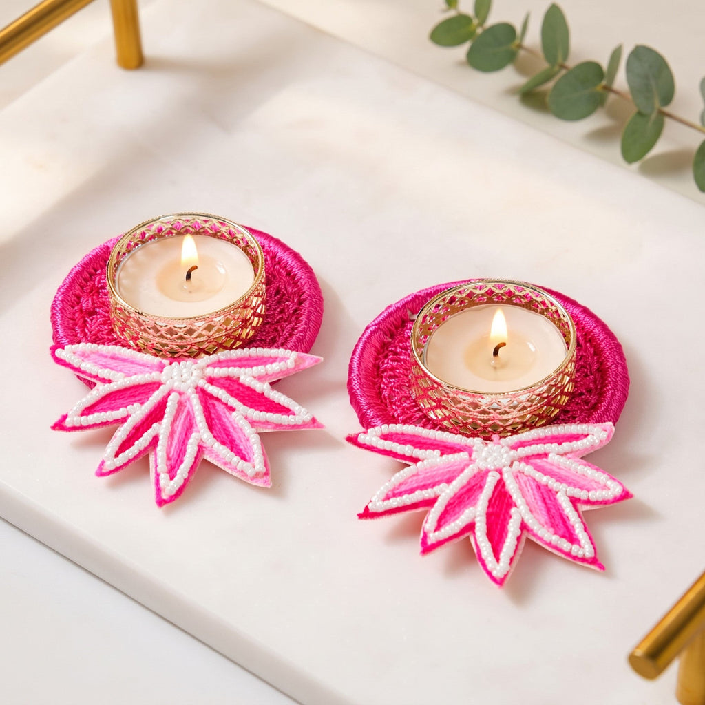 Gift Set Of 4 Shubh Labh Diwali Wall Hanging And Tealight In Bag Magenta