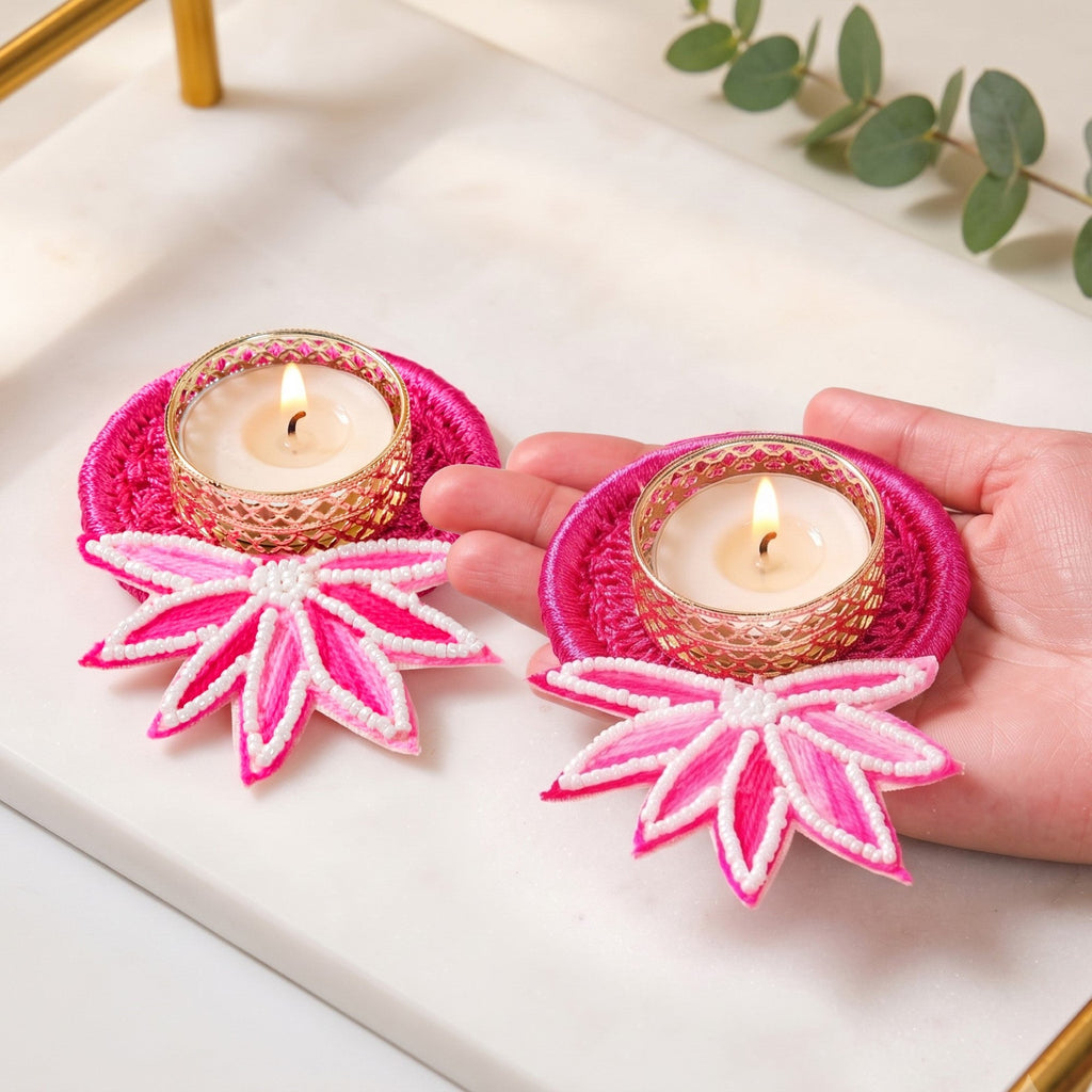 Gift Set Of 4 Shubh Labh Diwali Wall Hanging And Tealight In Bag Magenta