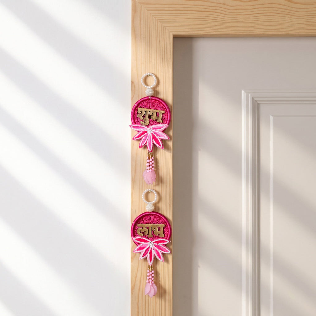 Gift Set Of 4 Shubh Labh Diwali Wall Hanging And Tealight In Bag Magenta