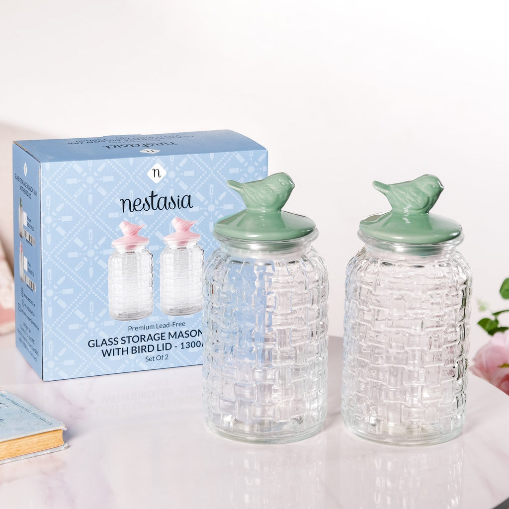 Set Of 2 Glass Jars With Green Bird Lid 1300ml