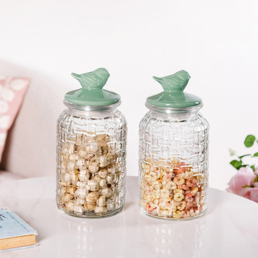 Set Of 2 Glass Jars With Green Bird Lid 1300ml