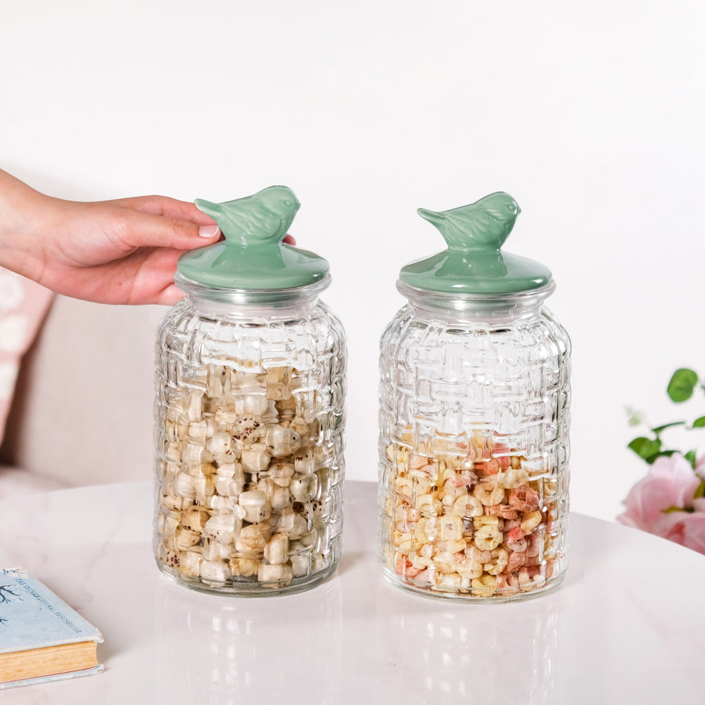 Set Of 2 Glass Jars With Green Bird Lid 1300ml