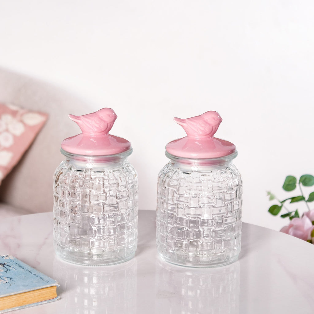 Set Of 2 Pink Bird Ceramic Lid Glass Storage Jar 1000ml