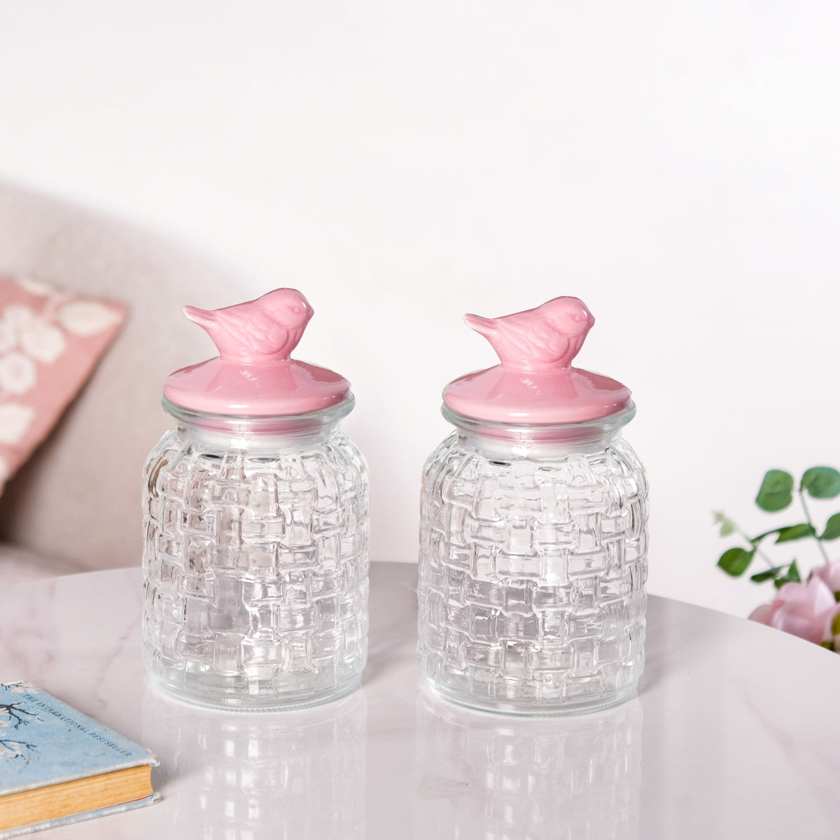 Set Of 2 Pink Bird Ceramic Lid Glass Storage Jar 1000ml