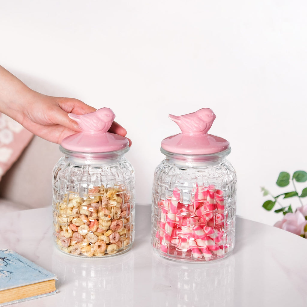 Set Of 2 Pink Bird Ceramic Lid Glass Storage Jar 1000ml