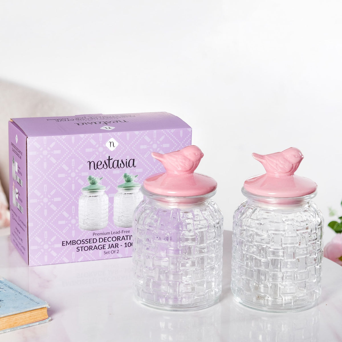 Set Of 2 Pink Bird Ceramic Lid Glass Storage Jar 1000ml