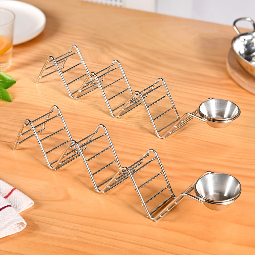 Set Of 2 Zig-Zag Stainless Steel Taco Holder With Dip Bowls