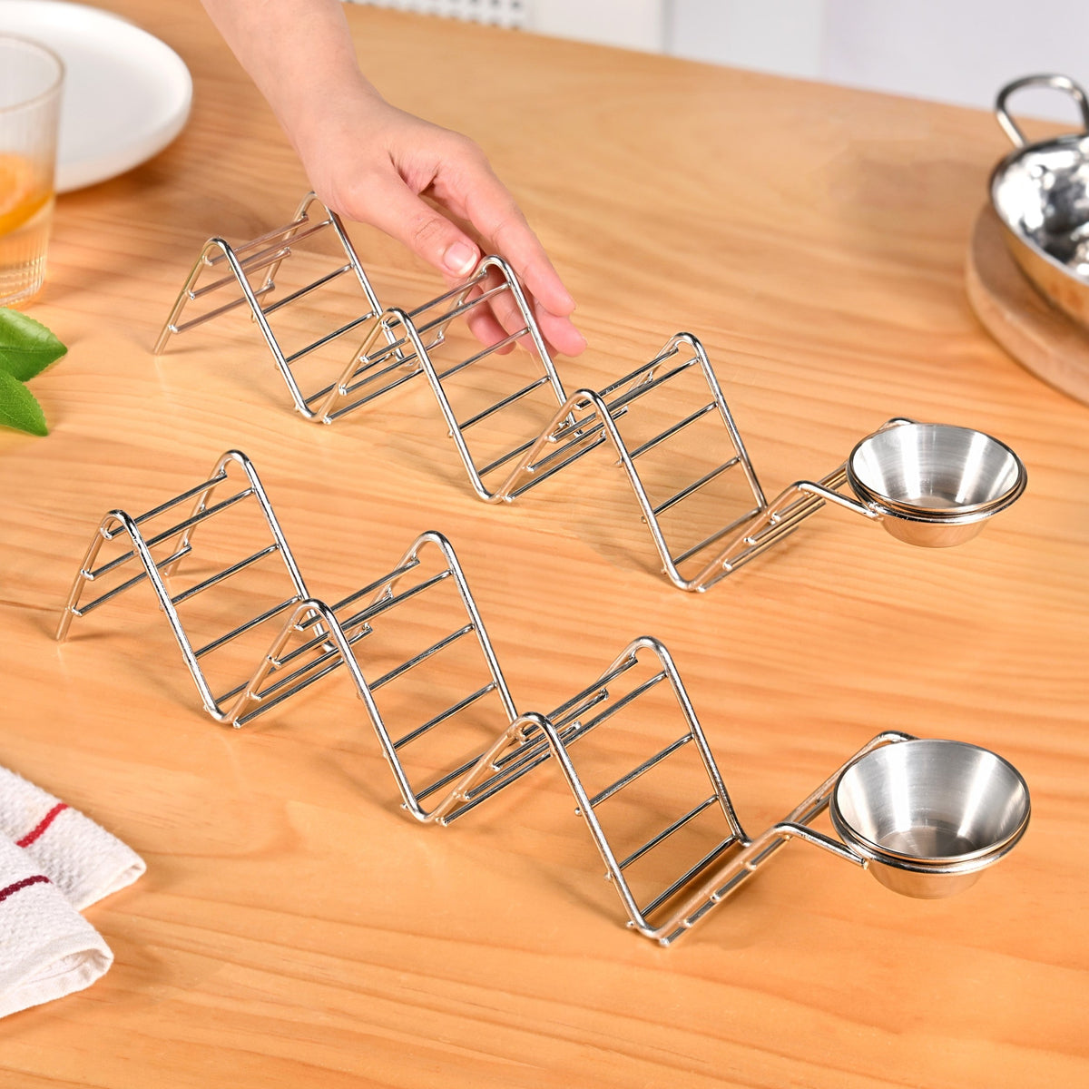 Set Of 2 Zig-Zag Stainless Steel Taco Holder With Dip Bowls
