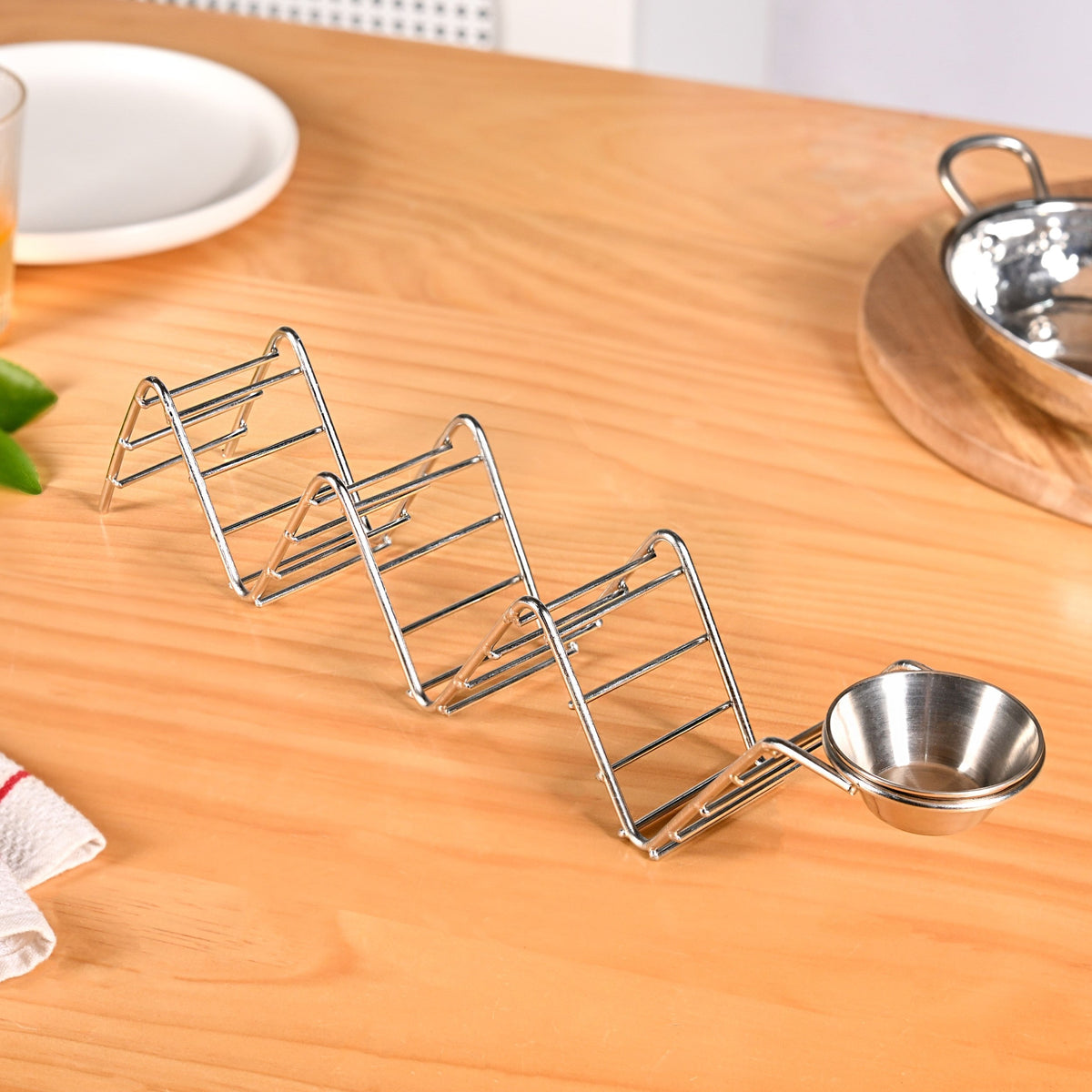 Set Of 2 Zig-Zag Stainless Steel Taco Holder With Dip Bowls