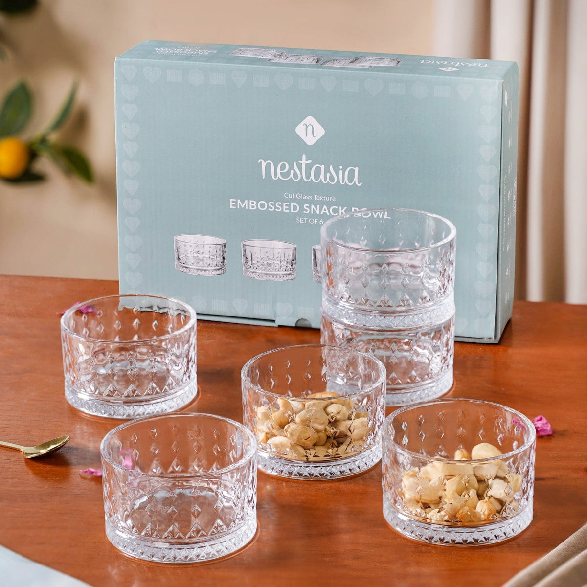 Set Of 6 Diamond Embossed Glass Snack Bowls 220ml