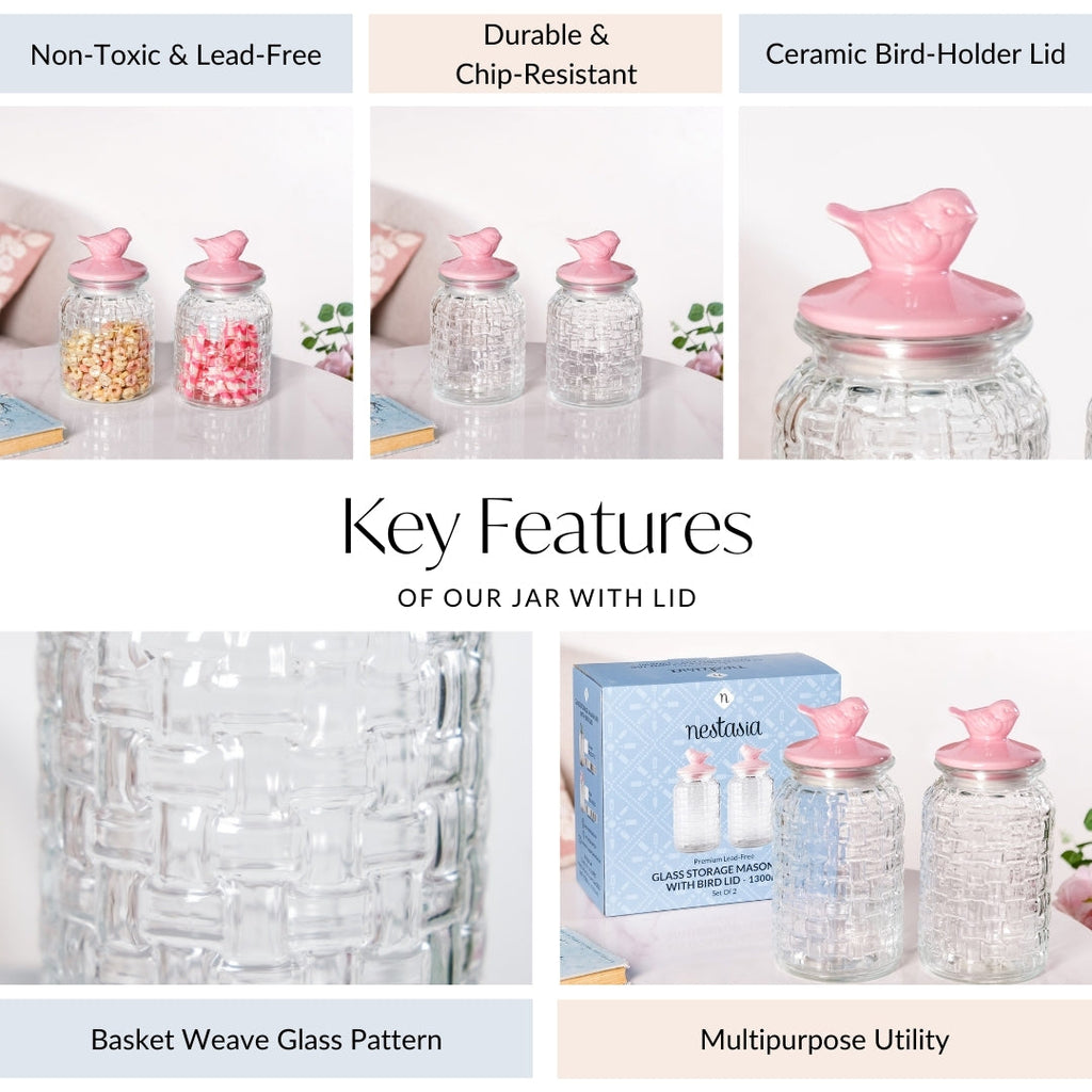 Set Of 2 Pink Bird Ceramic Lid Glass Storage Jar 1000ml