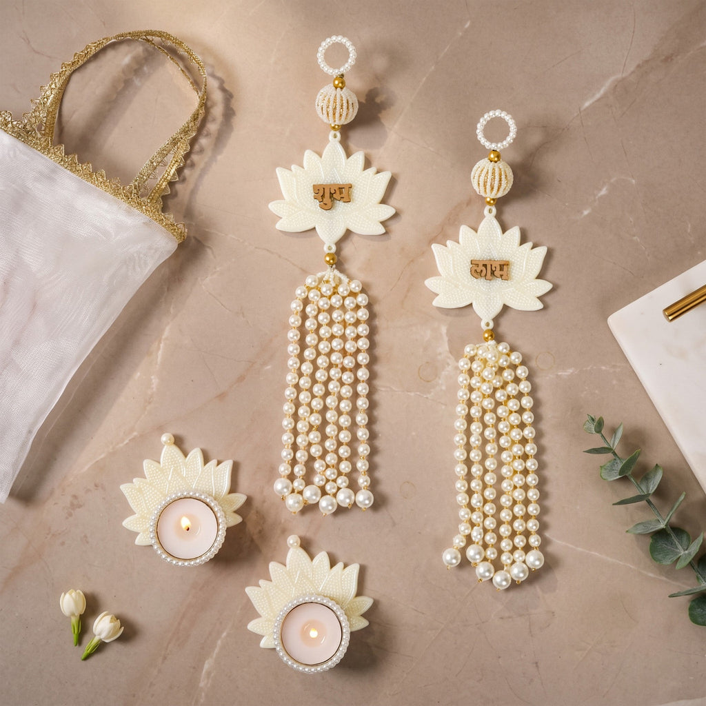 Pearl Shub Labh Wall Hanging With Tealight Set Of 4 In Gift Bag
