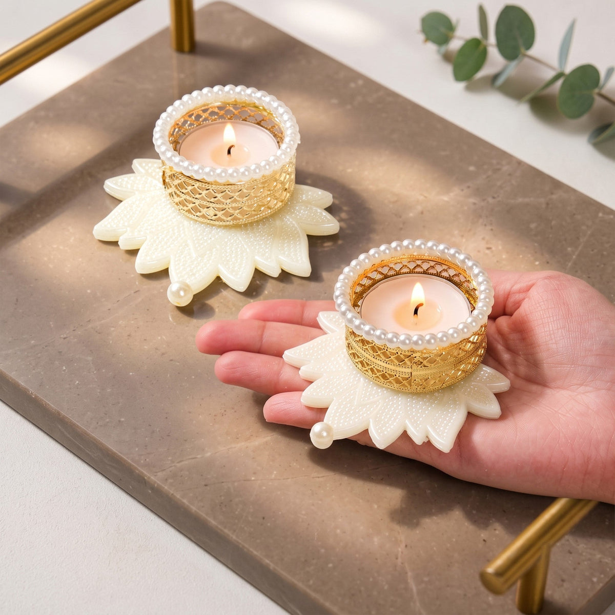 Pearl Shub Labh Wall Hanging With Tealight Set Of 4 In Gift Bag