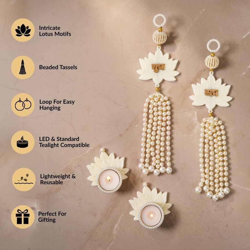 Pearl Shub Labh Wall Hanging With Tealight Set Of 4 In Gift Bag