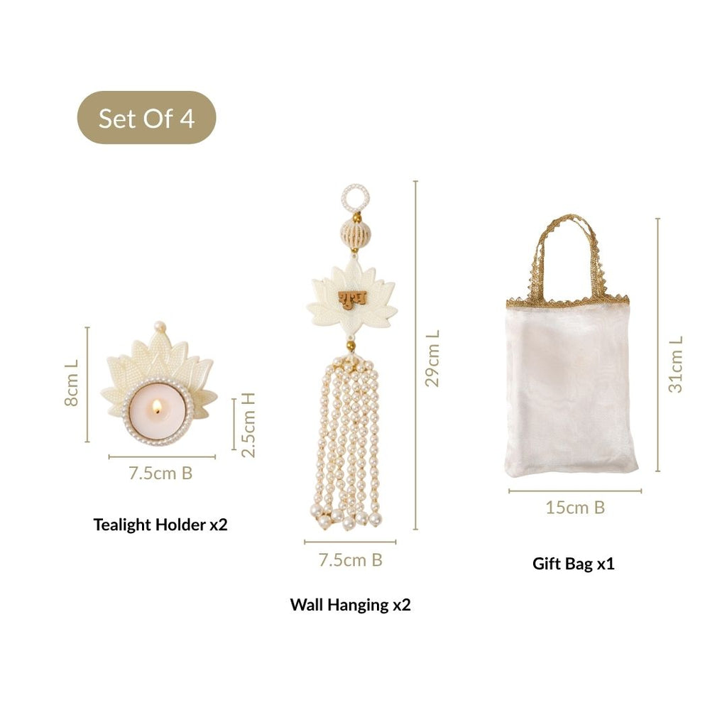 Pearl Shub Labh Wall Hanging With Tealight Set Of 4 In Gift Bag