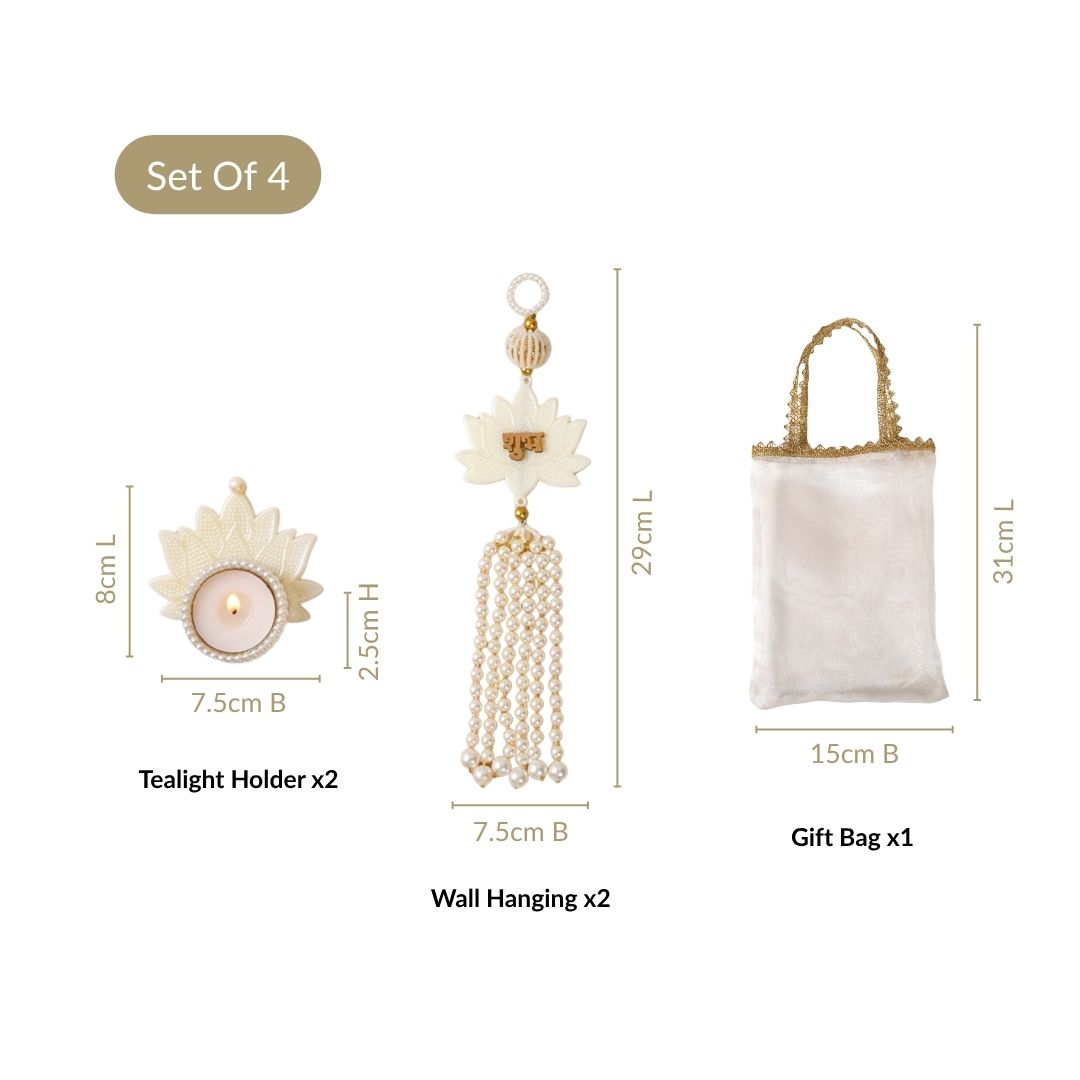 Pearl Shub Labh Wall Hanging With Tealight Set Of 4 In Gift Bag