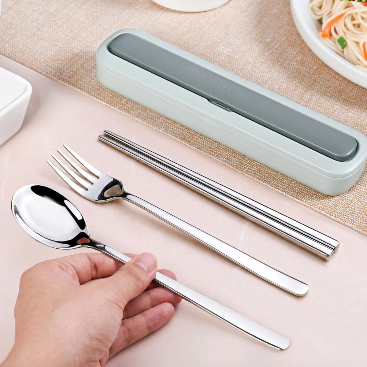On-The-Go Cutlery Set Stainless Steel Chopsticks Spoon Fork In Portable Box Green