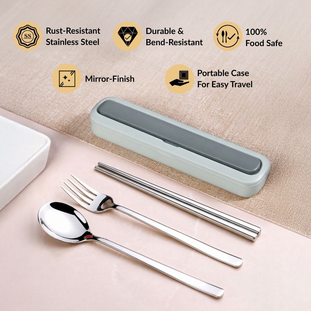 On-The-Go Cutlery Set Stainless Steel Chopsticks Spoon Fork In Portable Box Green