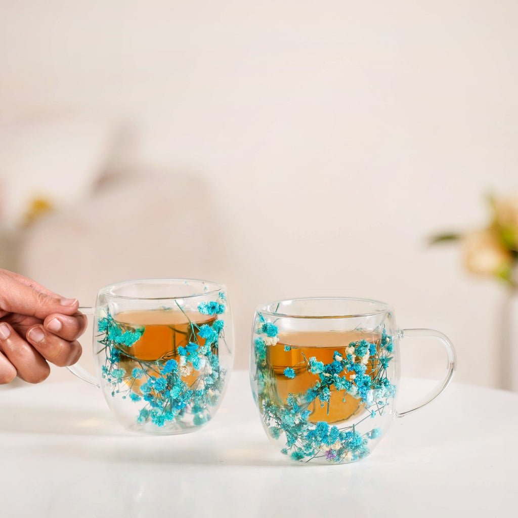 Turquoise Flowers Double Walled Mug Set Of 2 250ml