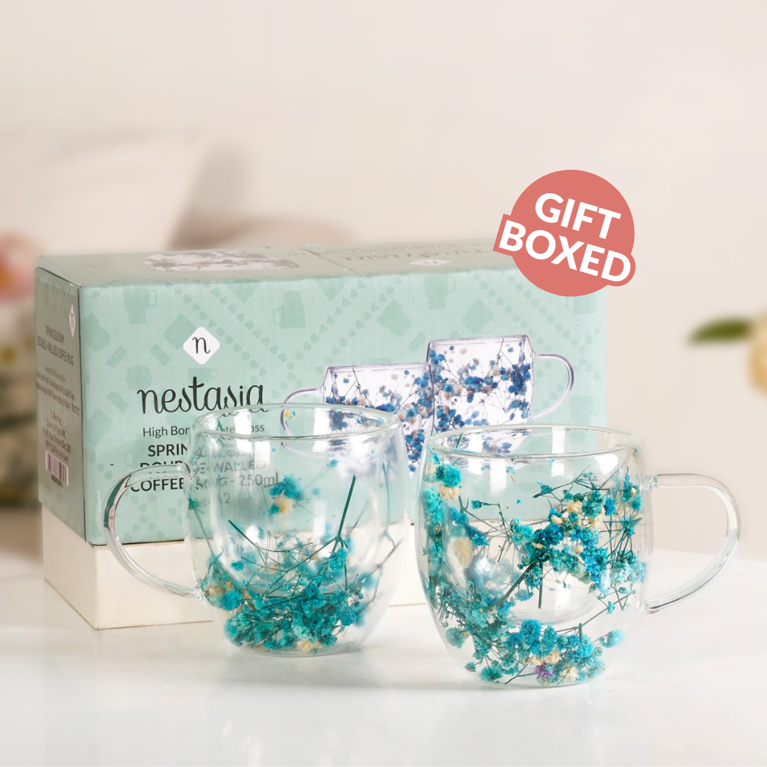 Turquoise Flowers Double Walled Mug Set Of 2 250ml