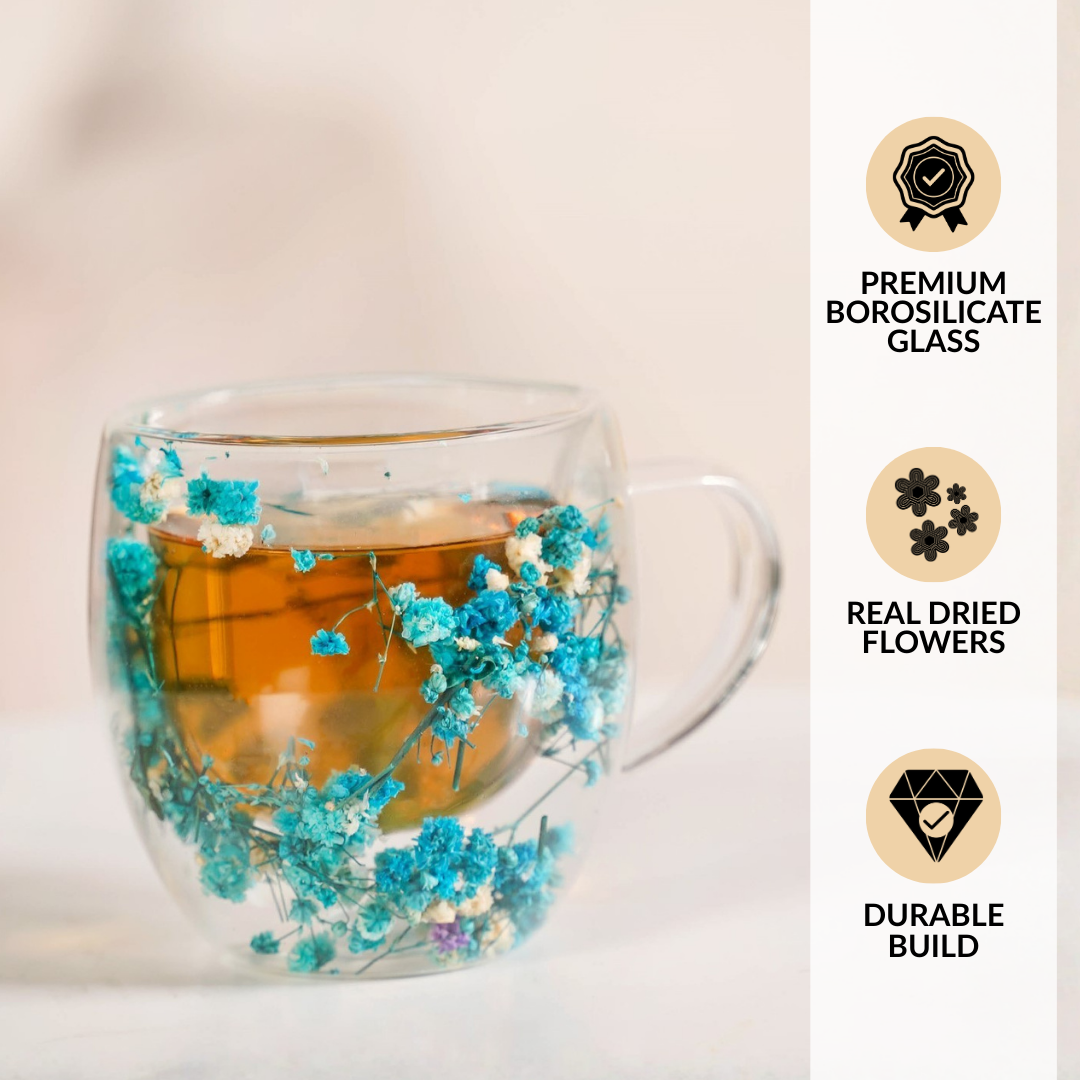 Turquoise Flowers Double Walled Mug Set Of 2 250ml