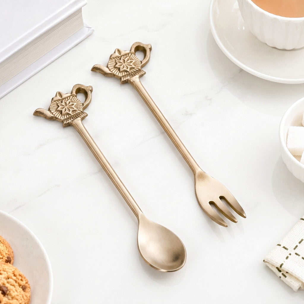 Vintage Teapot Brass Spoon And Fork Set Of 2