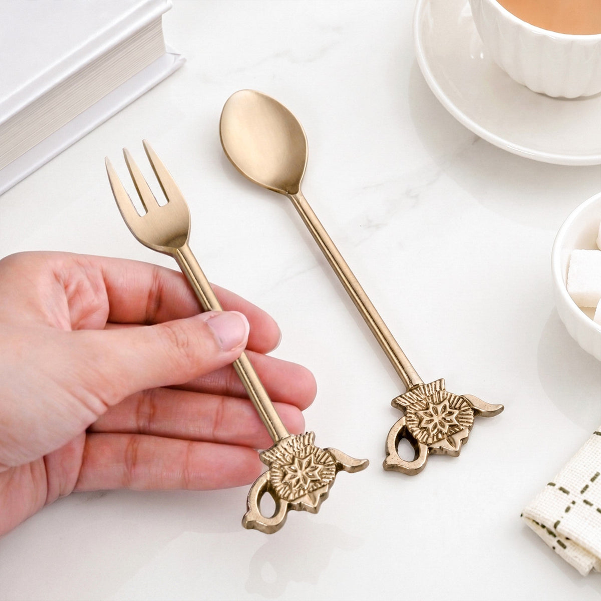Vintage Teapot Brass Spoon And Fork Set Of 2