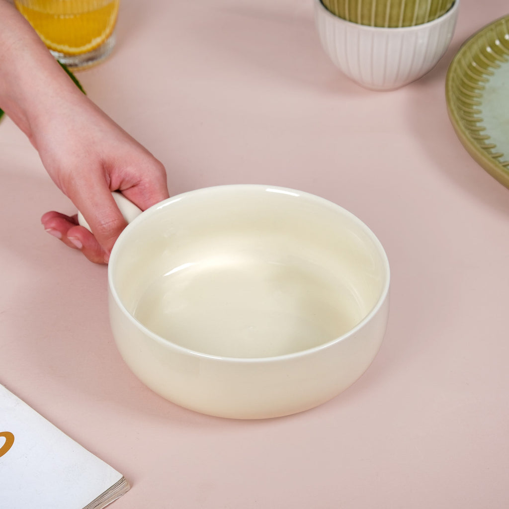 Pastel Cream Ceramic Bowl With Handle 700ml