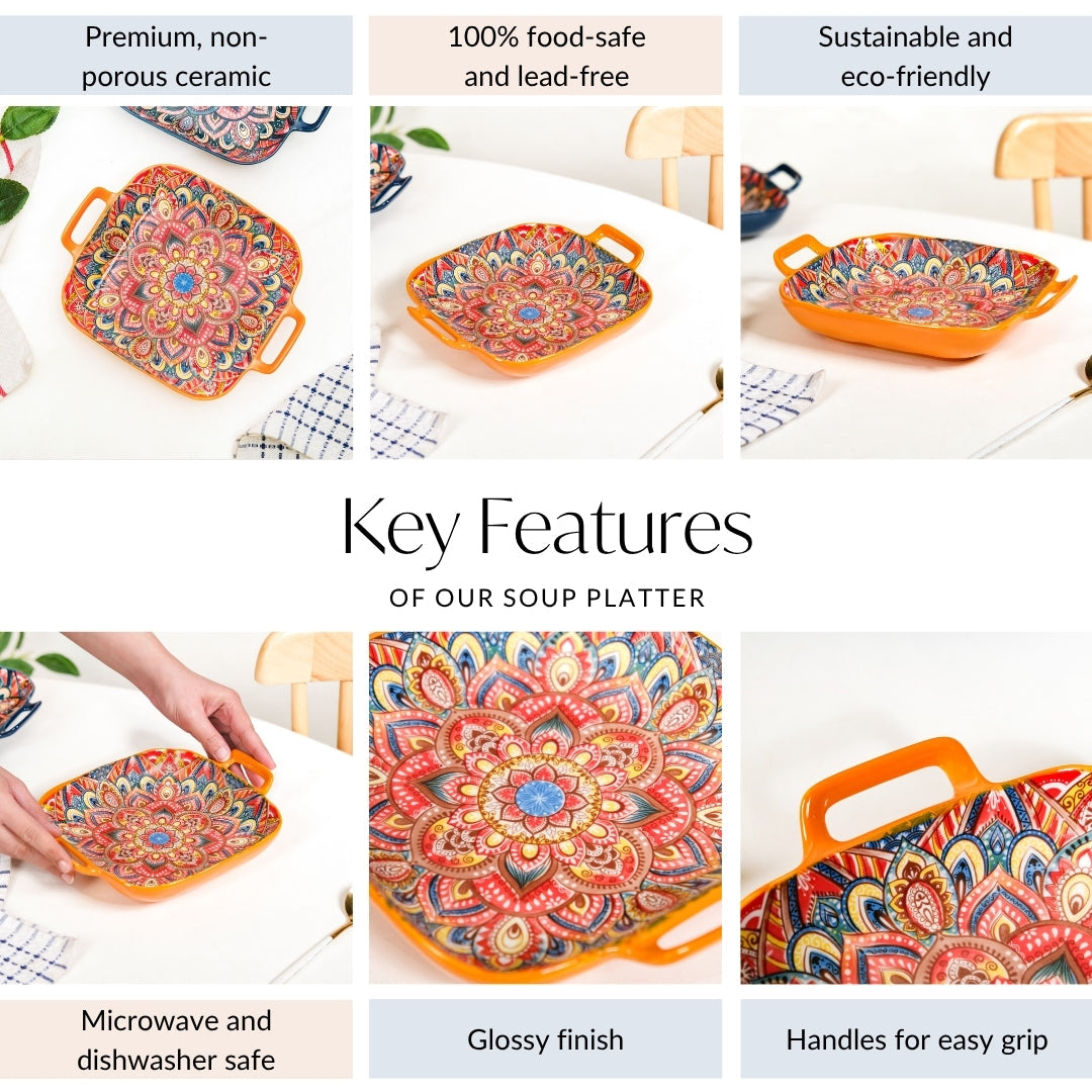 Mandala Melange Square Ceramic Serving Platter Orange