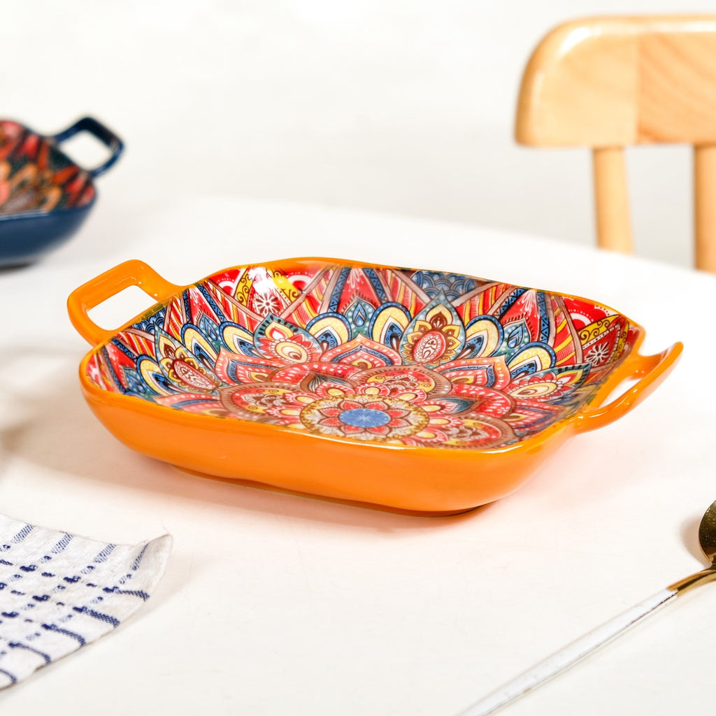 Mandala Melange Square Ceramic Serving Platter Orange