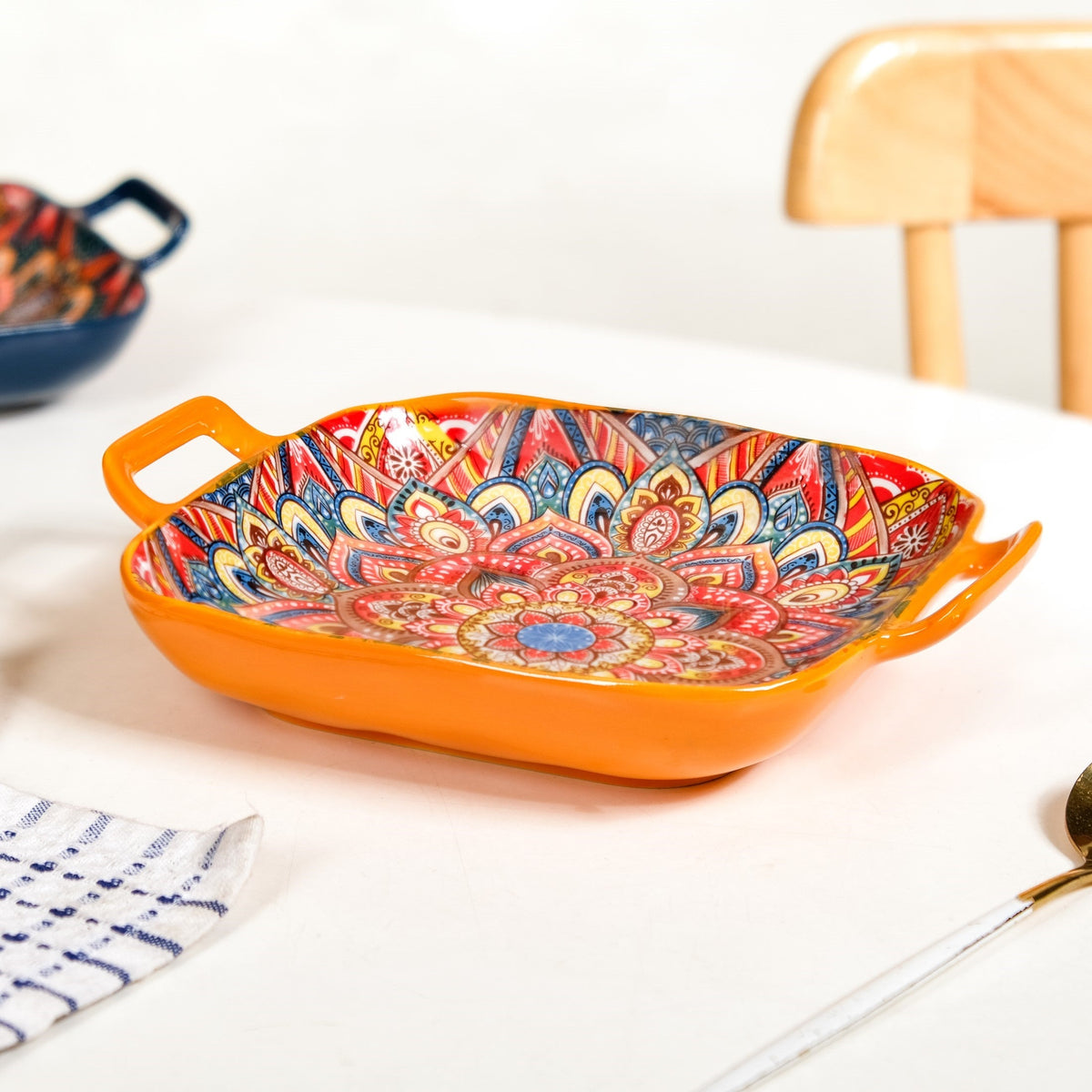 Mandala Melange Square Ceramic Serving Platter Orange