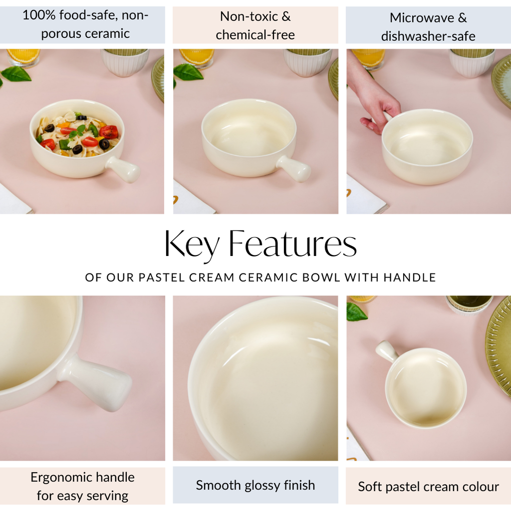 Pastel Cream Ceramic Bowl With Handle 700ml