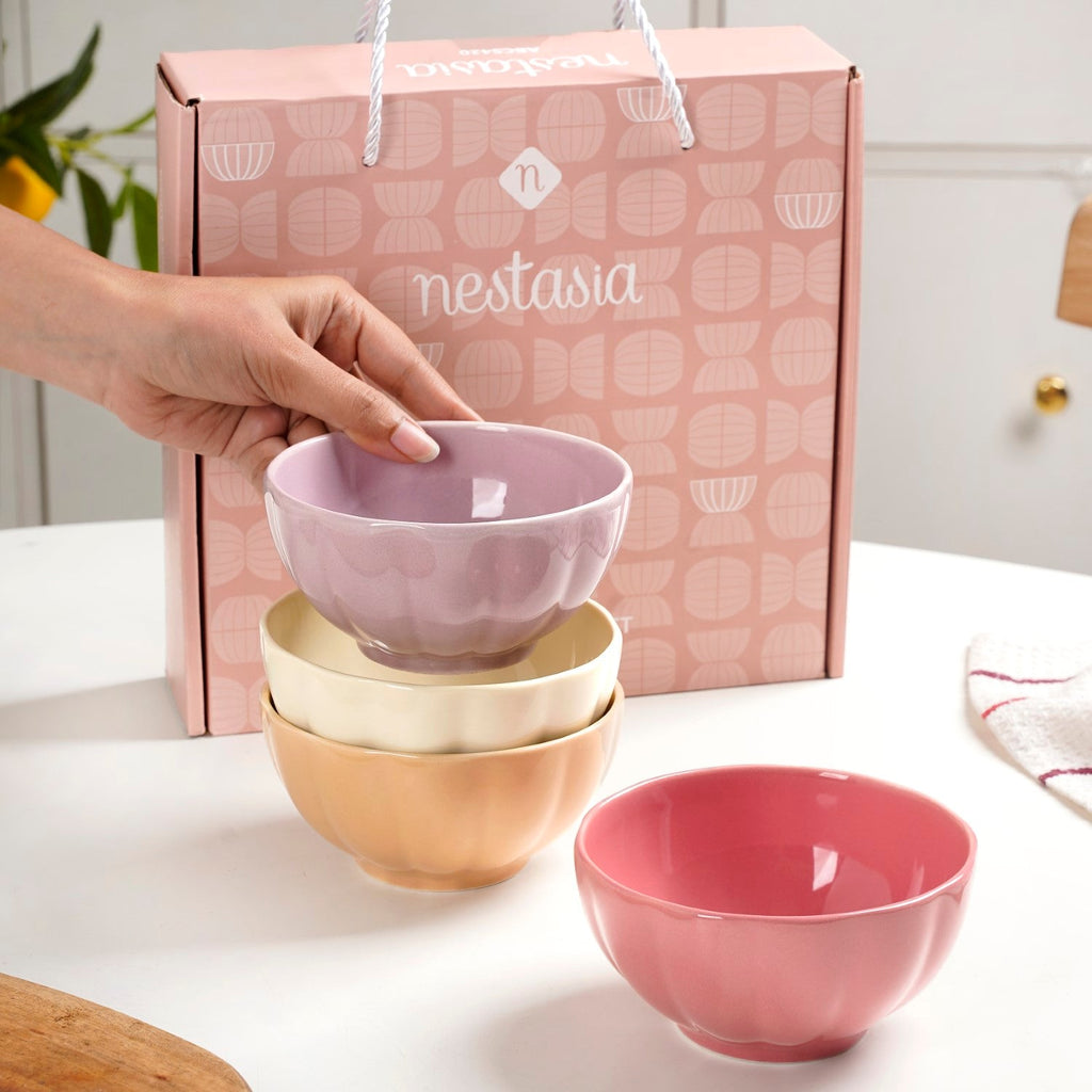 Pastel Gloss Finish Ceramic Bowl Set Of 4 310ml