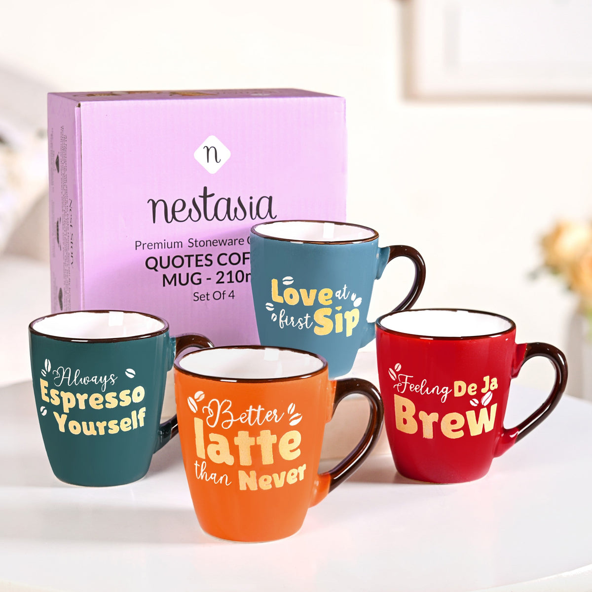 Coffee Quotes Ceramic Mug Set Of 4 210ml