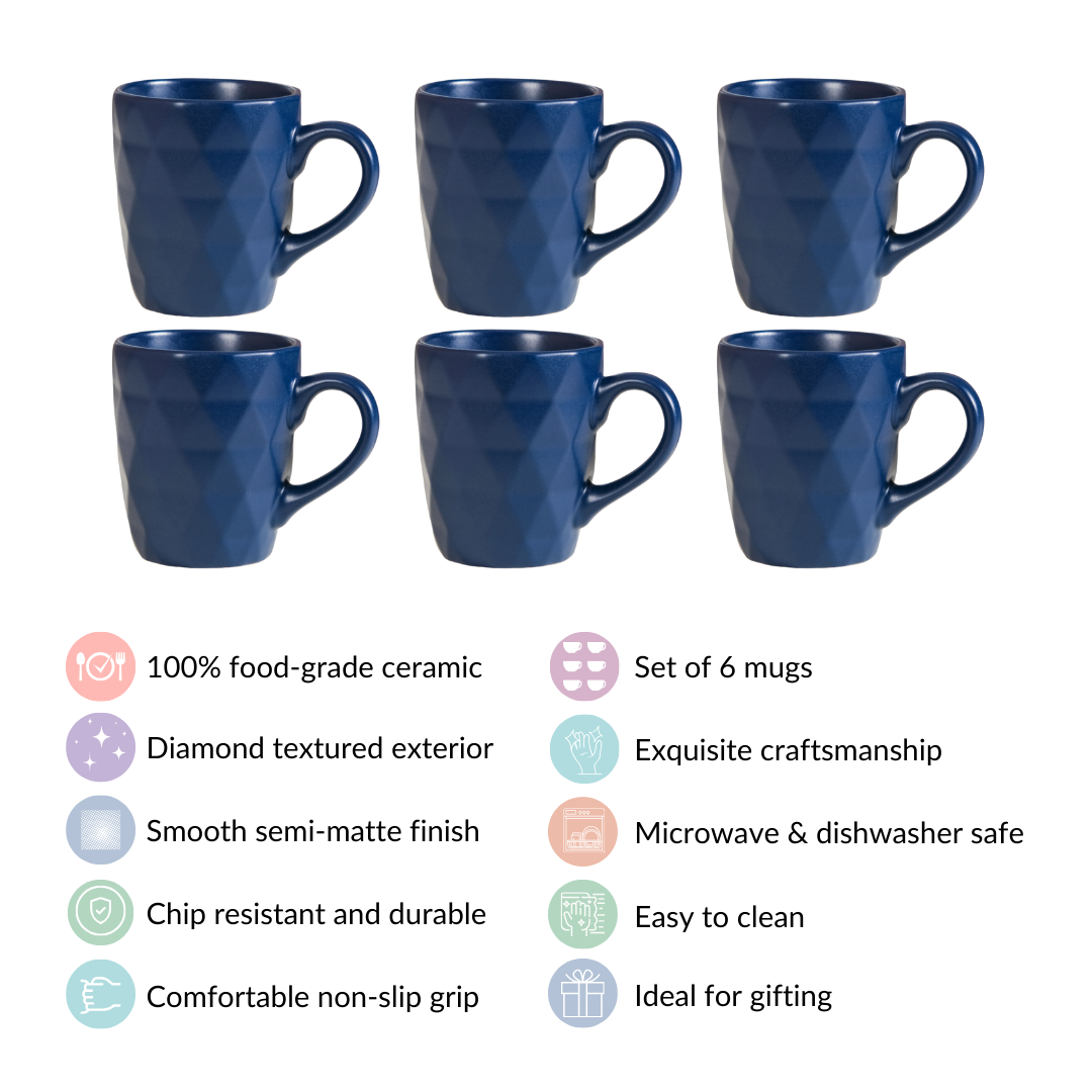 Just-The-Right-Size Tea Coffee Mug Set Of 6 Navy Blue 220ml