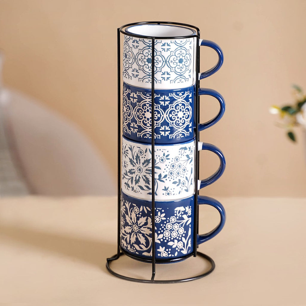 Floral Design Stackable Coffee Mugs Set of 4 210ml