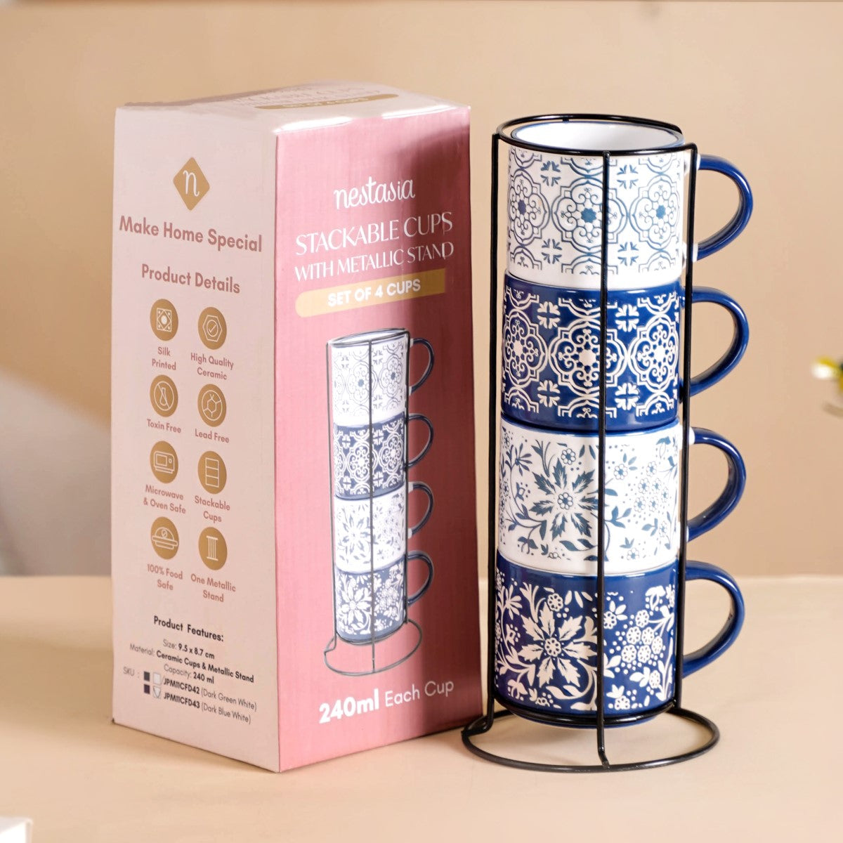 Floral Design Stackable Coffee Mugs Set of 4 210ml