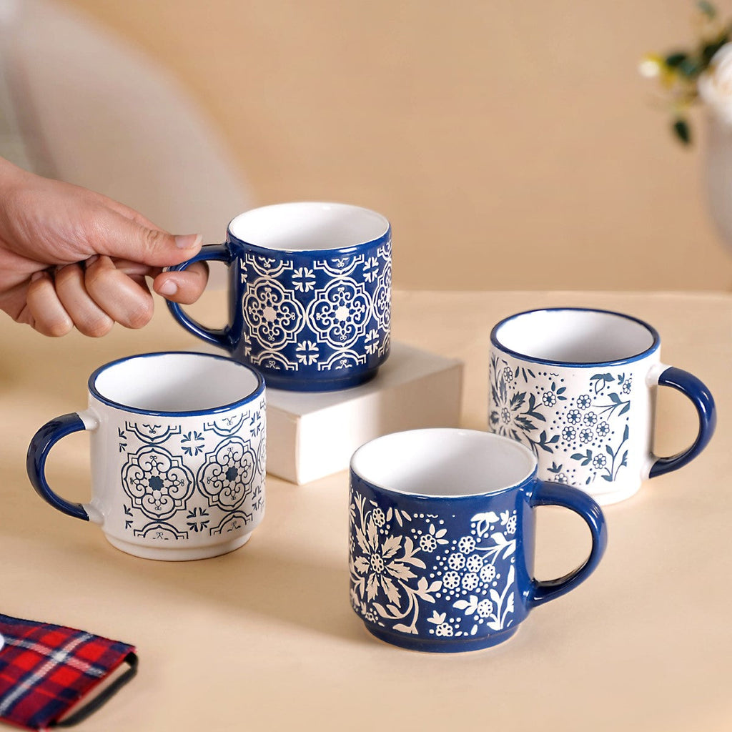 Floral Design Stackable Coffee Mugs Set of 4 210ml