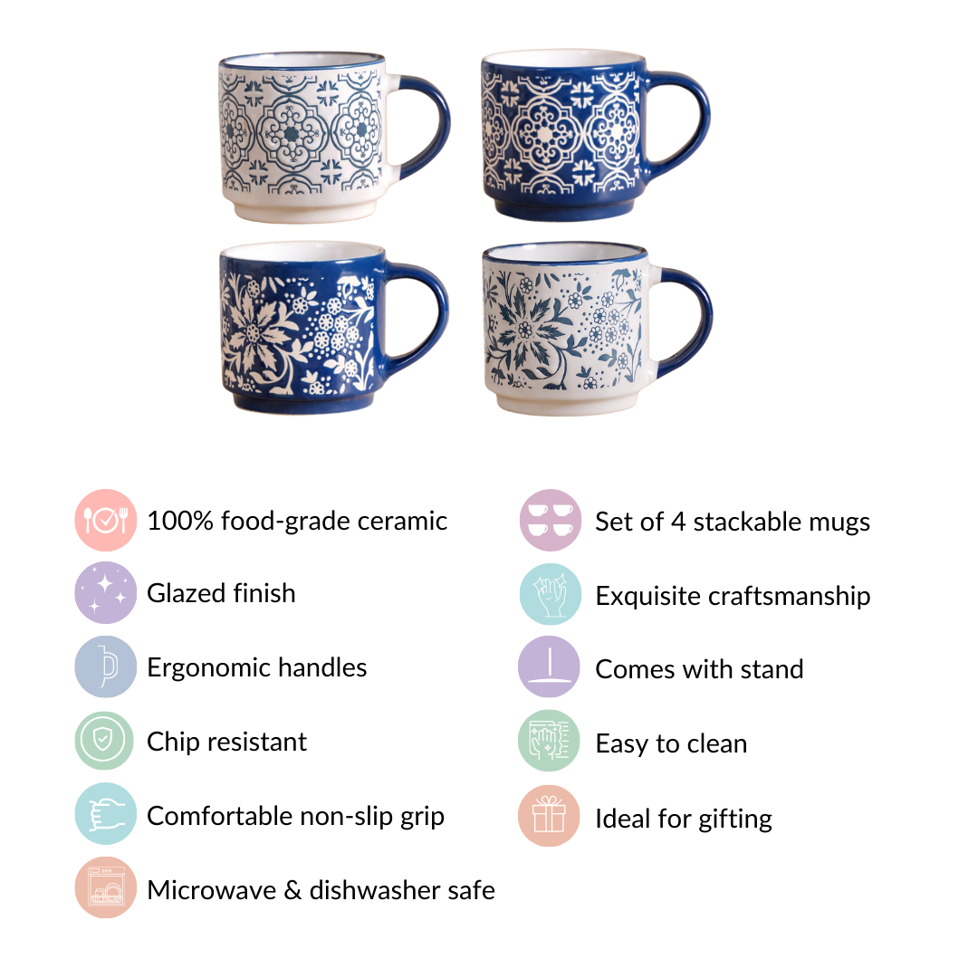 Floral Design Stackable Coffee Mugs Set of 4 210ml
