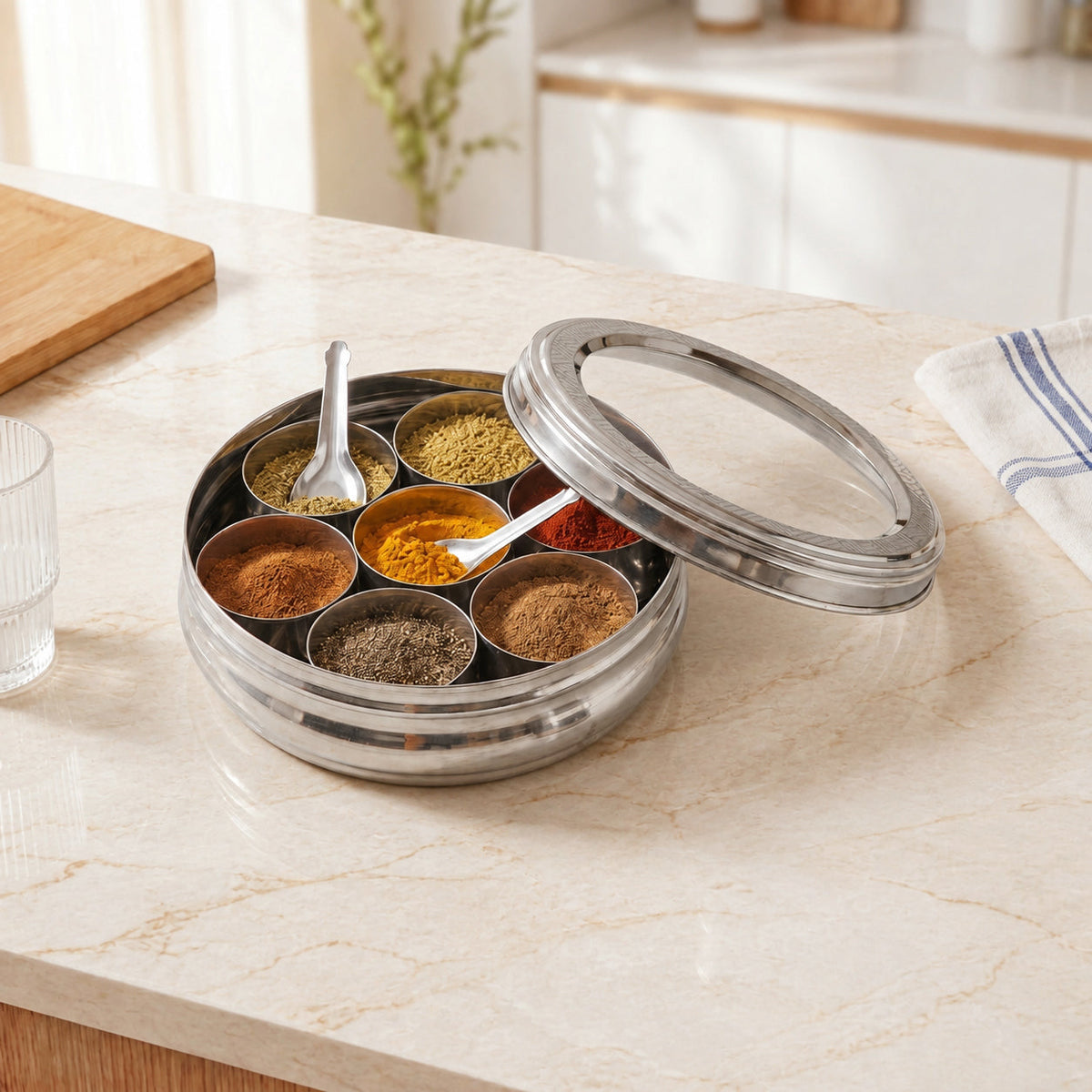 Engraved Stainless Steel Spice Box 7 Section