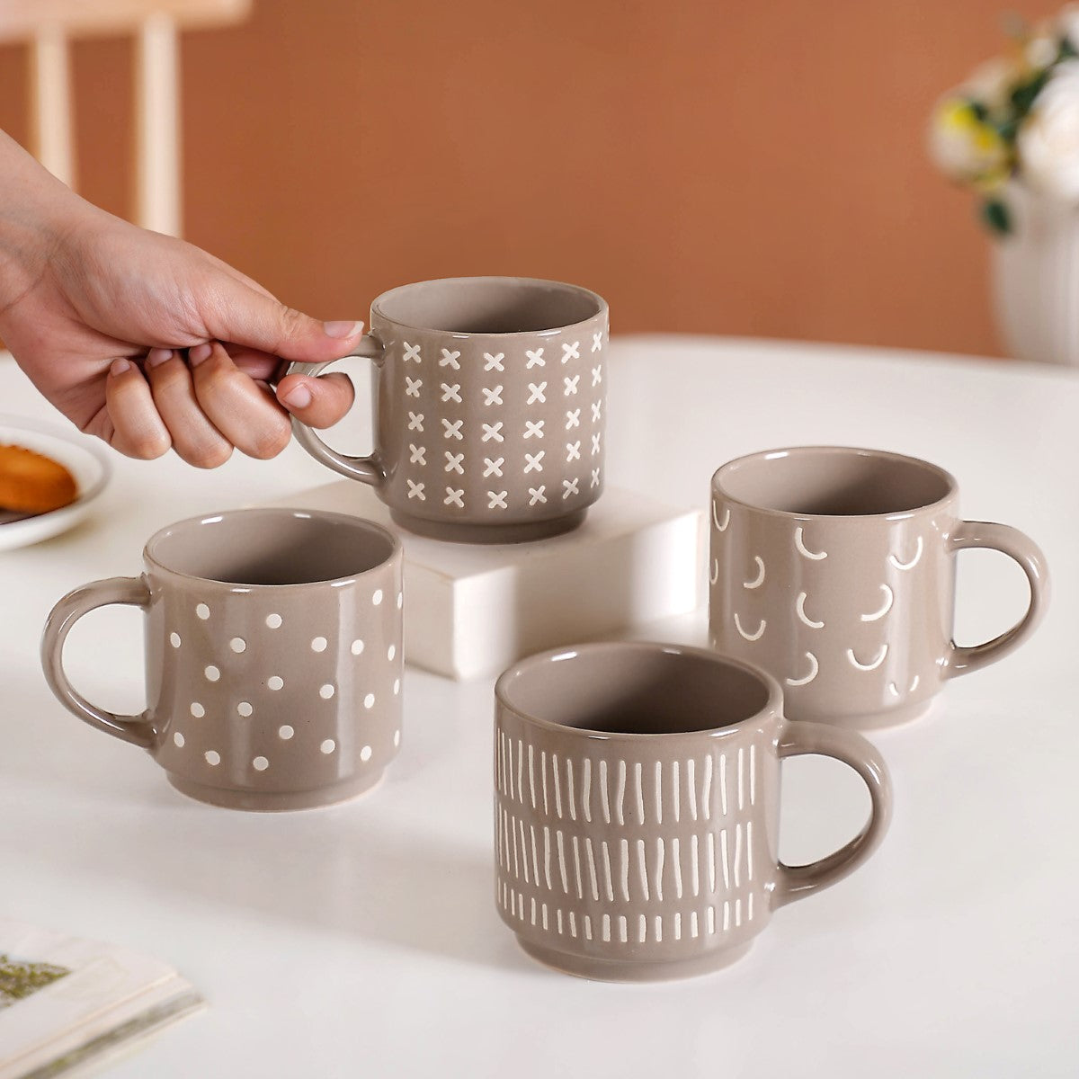 Quirky Beige Stackable Cups Set Of 4 220ml